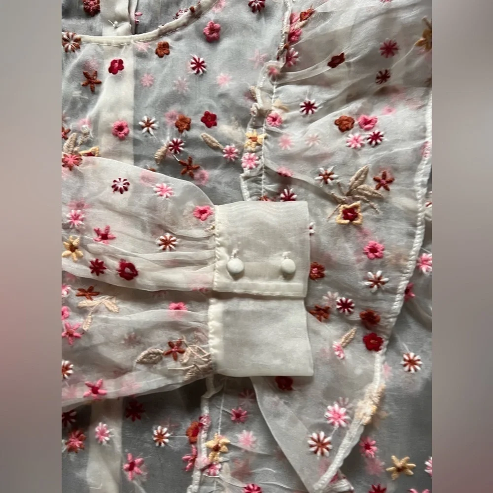 Zara organza sheer long sleeved floral cropped blouse women’s size small - Picture 5 of 9